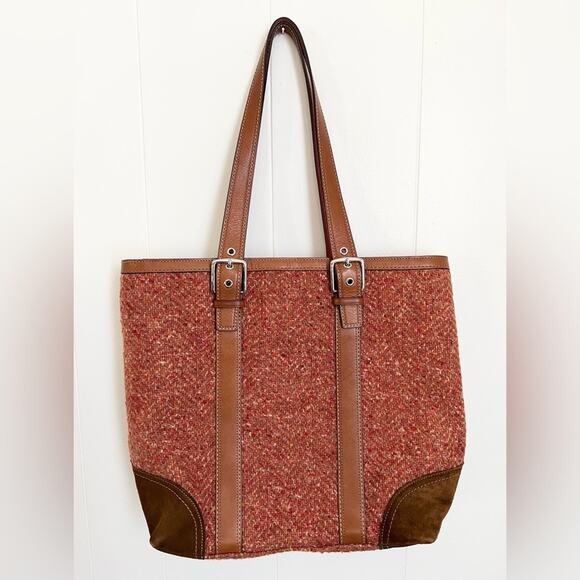 COACH rare Hampton tote bag tweed brown leather suede classic - Picture 1 of 12